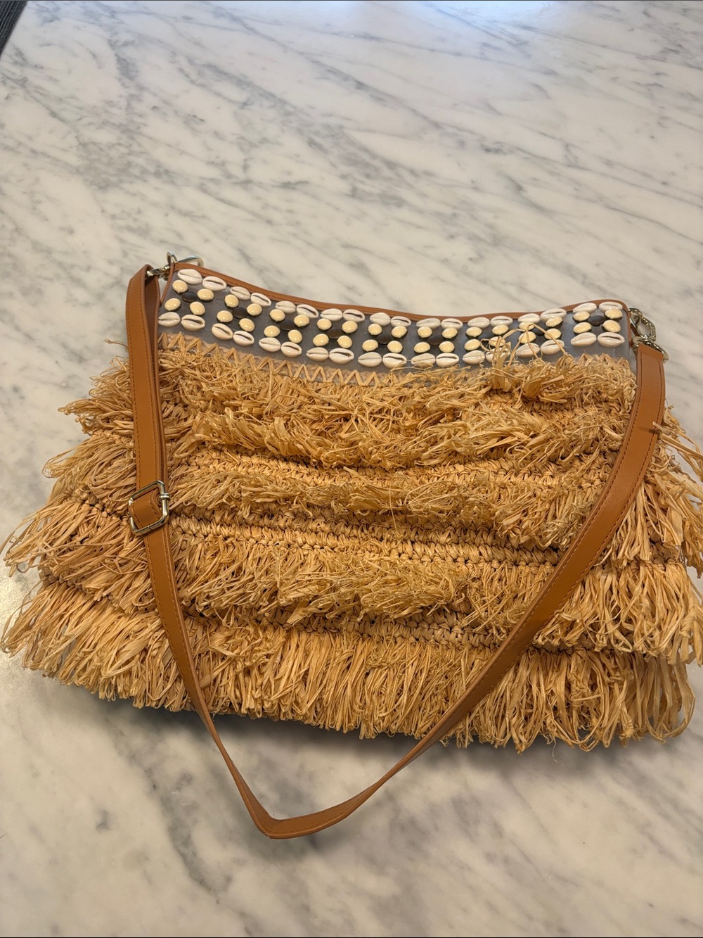 Tory Burch Molly Straw Fringe Shoulder Bag with Shell Trim - Tan